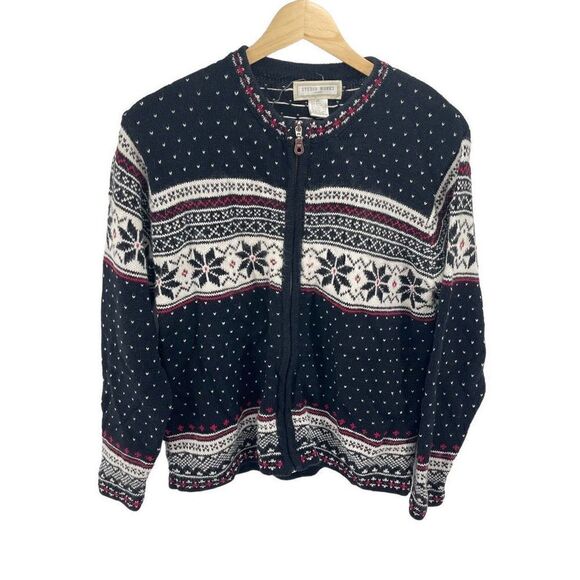 Studio Works Womens Cardigan Sweater Fair Isle Print Zip Black Petite Large - Picture 9 of 9